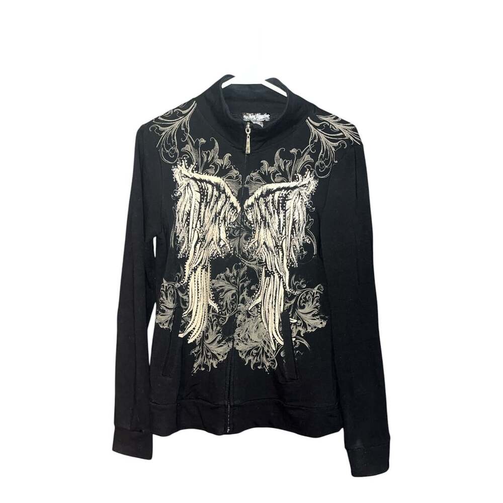 From Los Angeles Busstop Style 1730 Black Rhinestone Angel Wing Zip Up Jacket XL